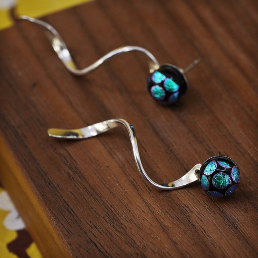 Vintage handmade foiled glass studs earrings sterling 925 silver sprial dangles