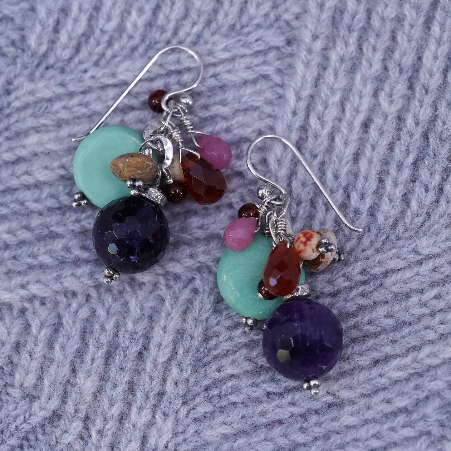 VTG sterling 925 silver handmade earrings with bead amethyst turquoise garnet