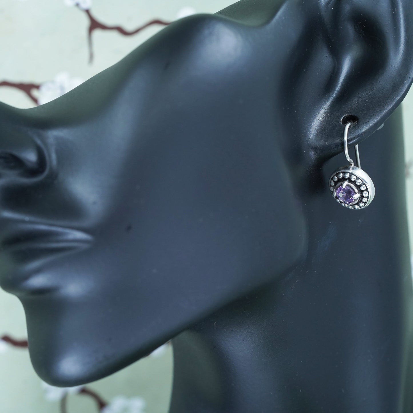 Vintage Sterling 925 silver handmade earrings with circle amethyst and beads