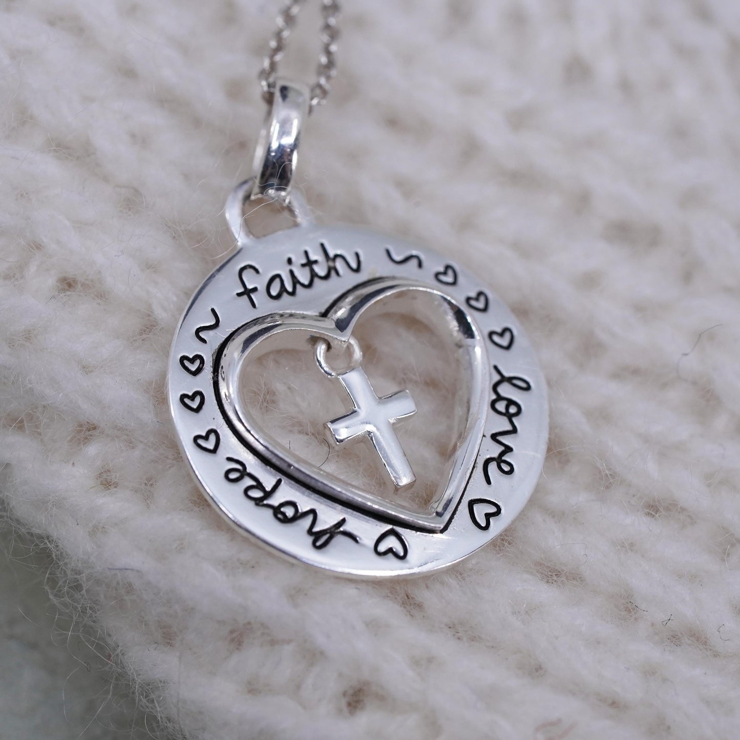 16+2", Sterling silver necklace, 925 circle heart pendant “love faith peace”