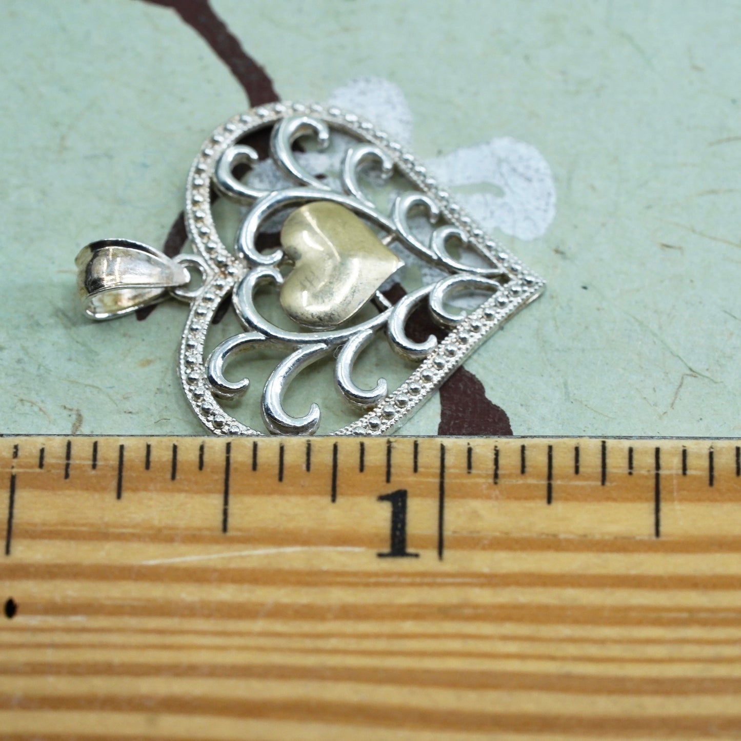 sterling silver handmade pendant, 10K yellow gold with 925 filigree heart charm