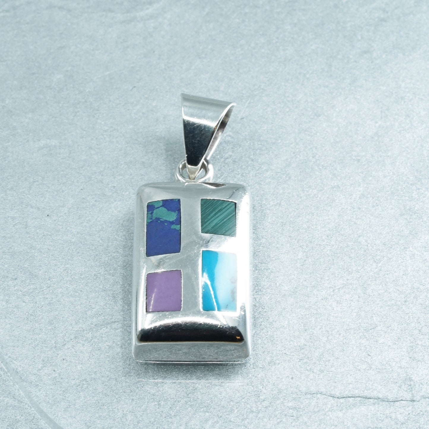 sterling 925 silver regtangular pendant with turquoise malachite sodalite inlay