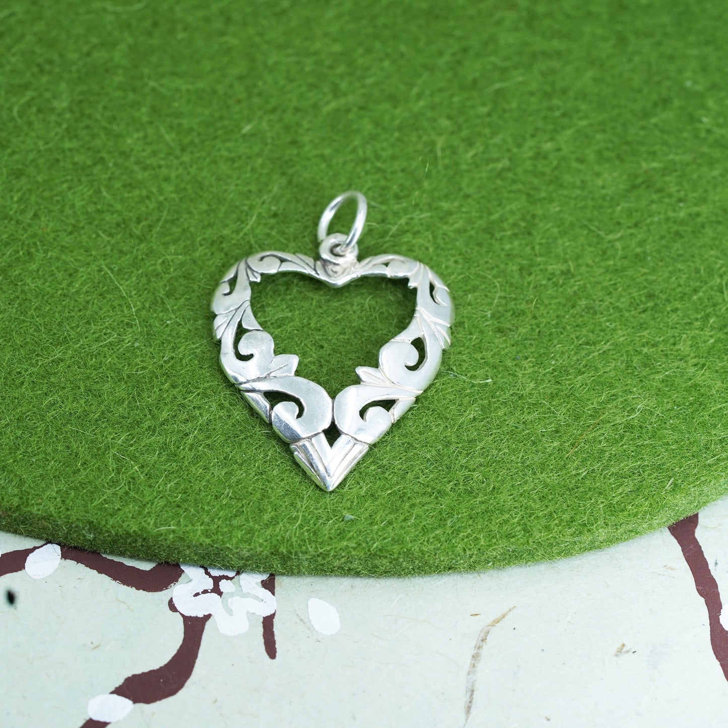 vintage sterling silver handmade pendant, 925 filigree heart charm