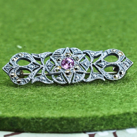 Sterling 925 silver handmade filigree brooch with pink crystal and marcasite