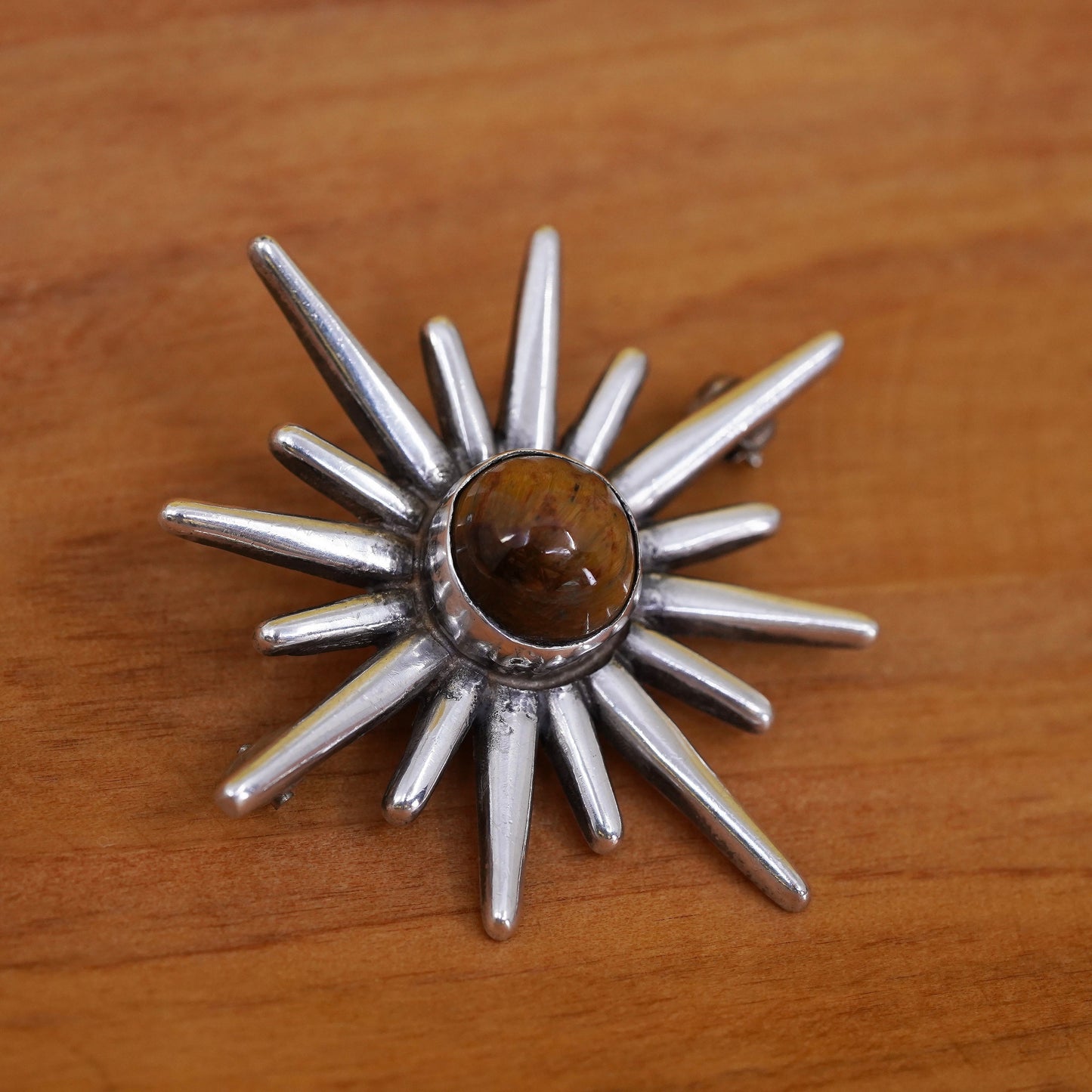 Mexican handmade sterling 925 silver sun shaped brooch with golden tiger eye