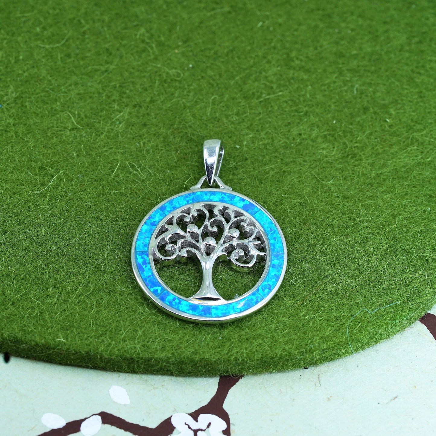 Vintage sterling silver handmade pendant, 925 family tree tag charm with opal