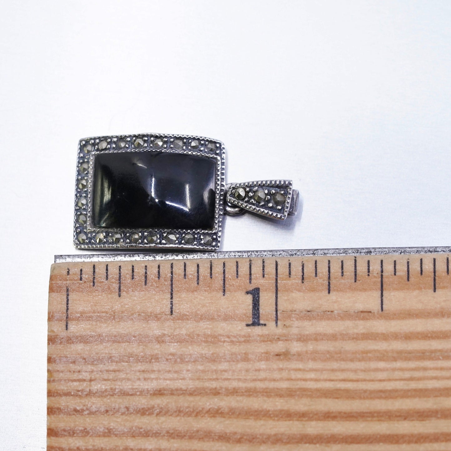 VTG Sterling silver handmade charm, 925 pendant with marcasite and onyx inlay