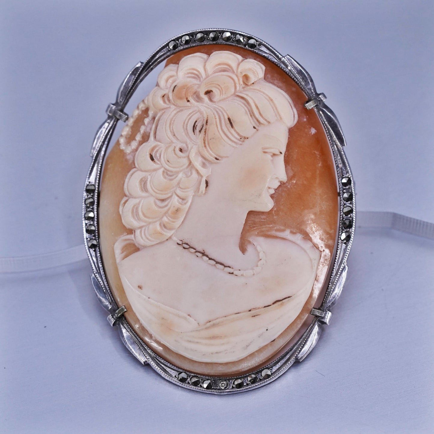 Vintage Sterling 925 silver handmade brooch pendant w/ agate carved cameo girl