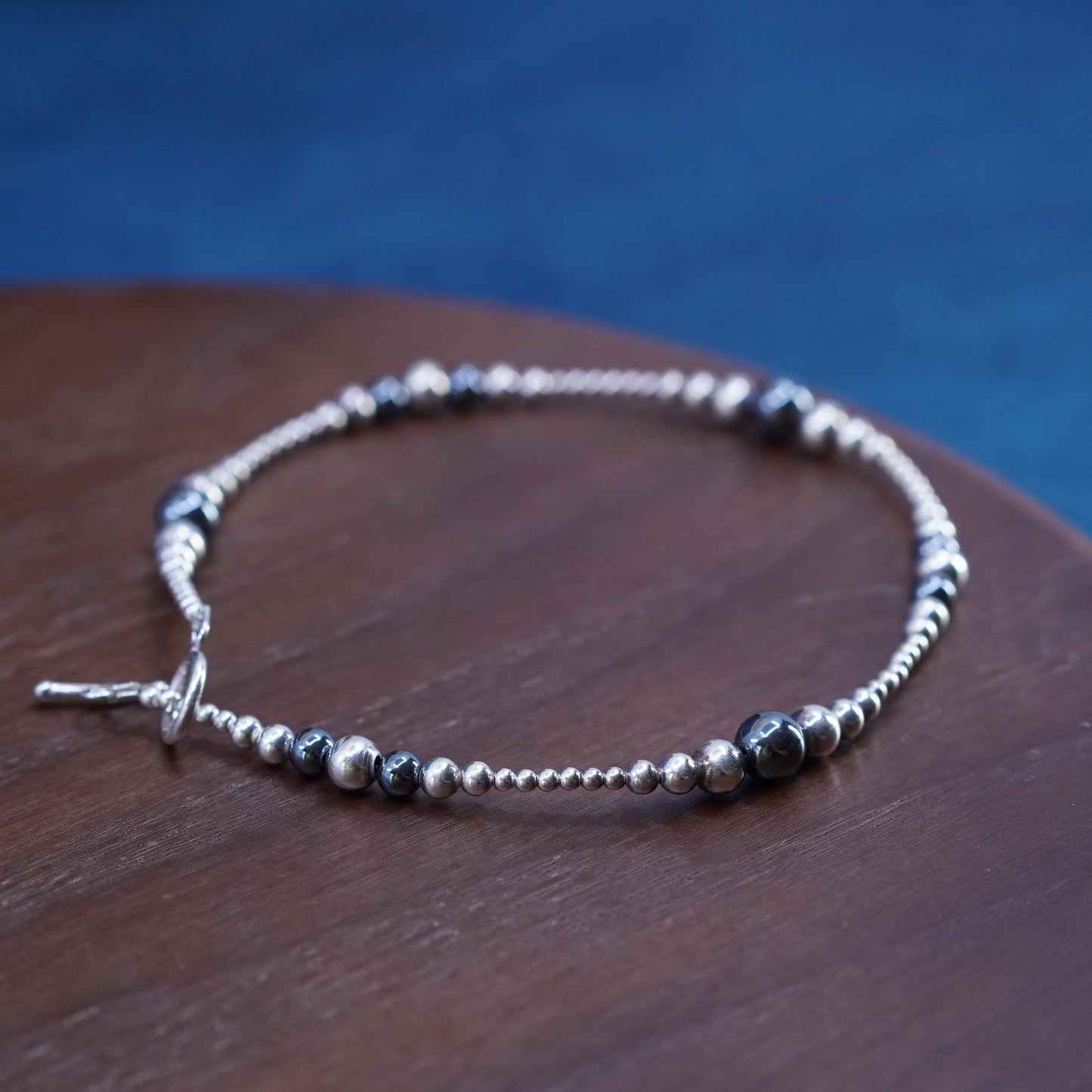 10”, vintage sterling silver handmade bracelet, 925 anklet bead chain hematite