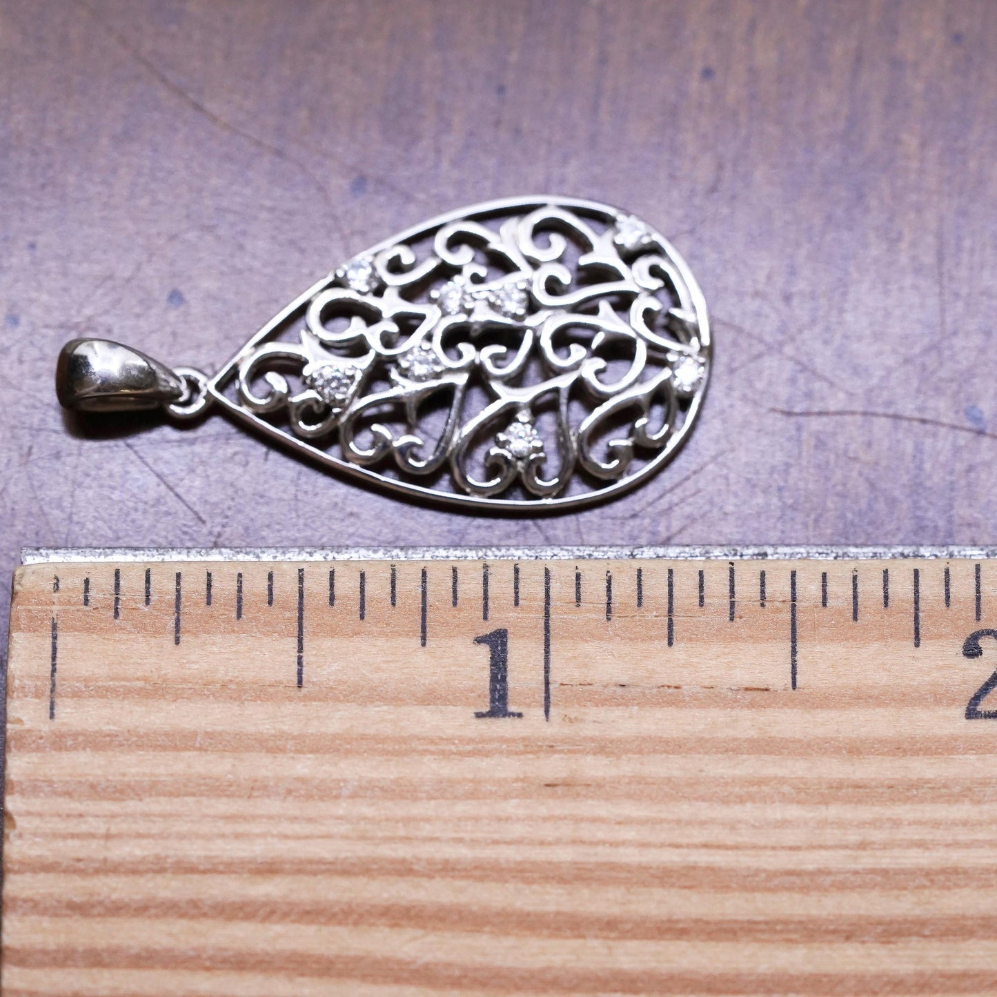 Vintage sterling silver pendant, 925 filigree teardrop with cz