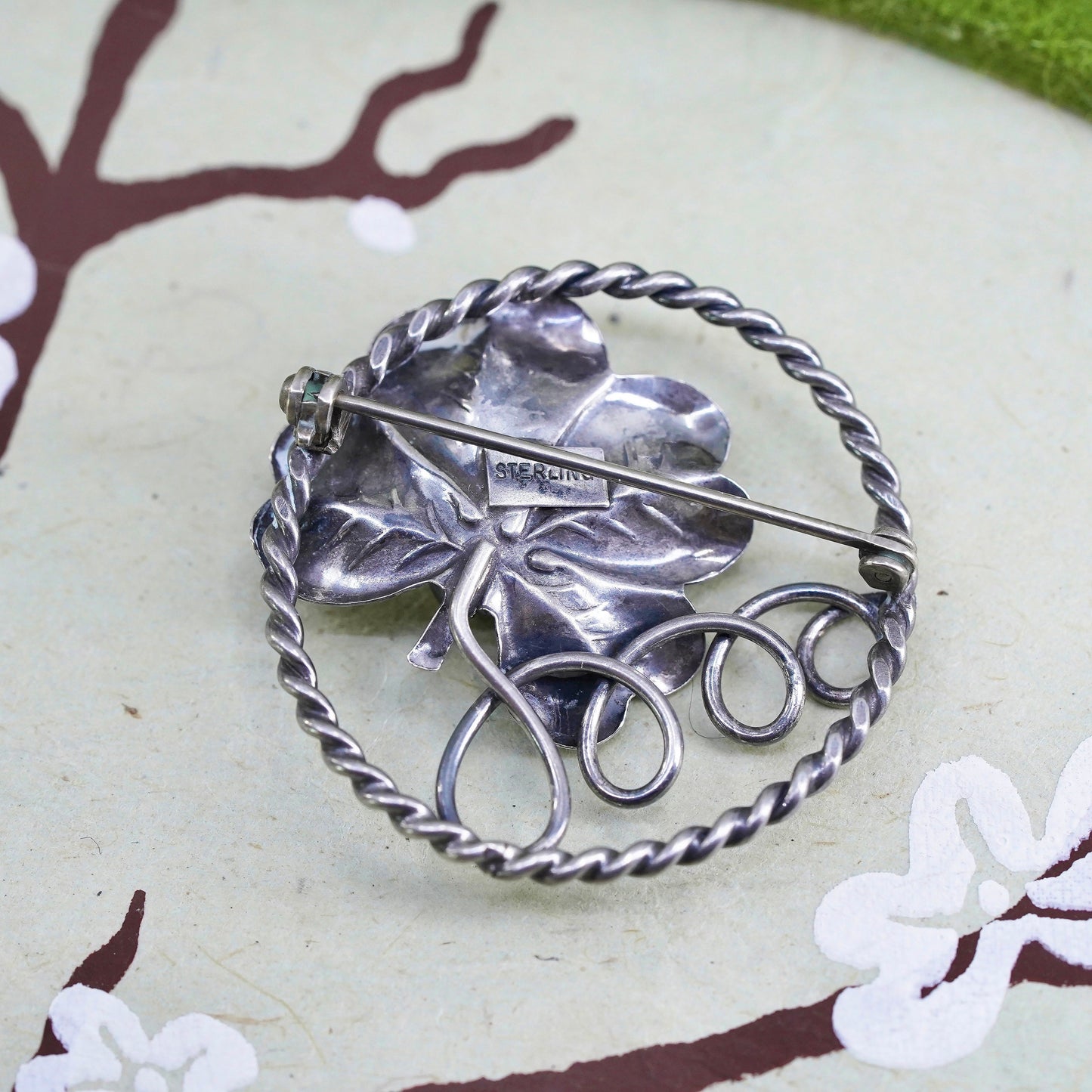 Vintage sterling silver dogwood flower shaped brooch, 925 circle pin