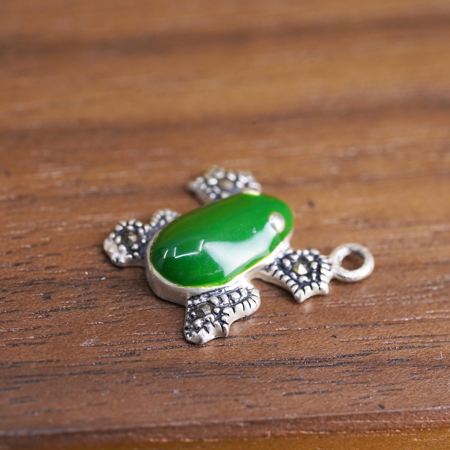 Vintage Sterling silver handmade charm, 925 green enamel glass frog