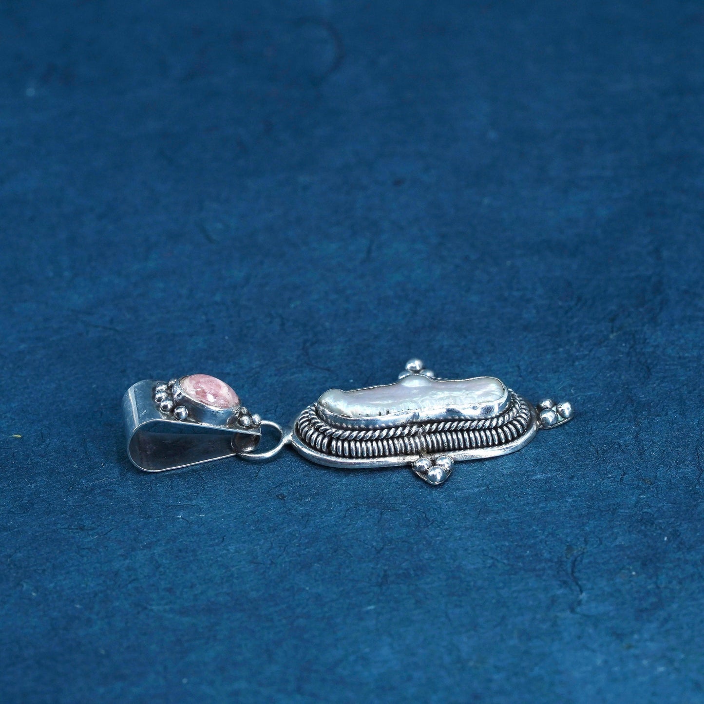 Vintage Sterling 925 silver pendant w/ long baroque Pearl, rhodochrosite cable