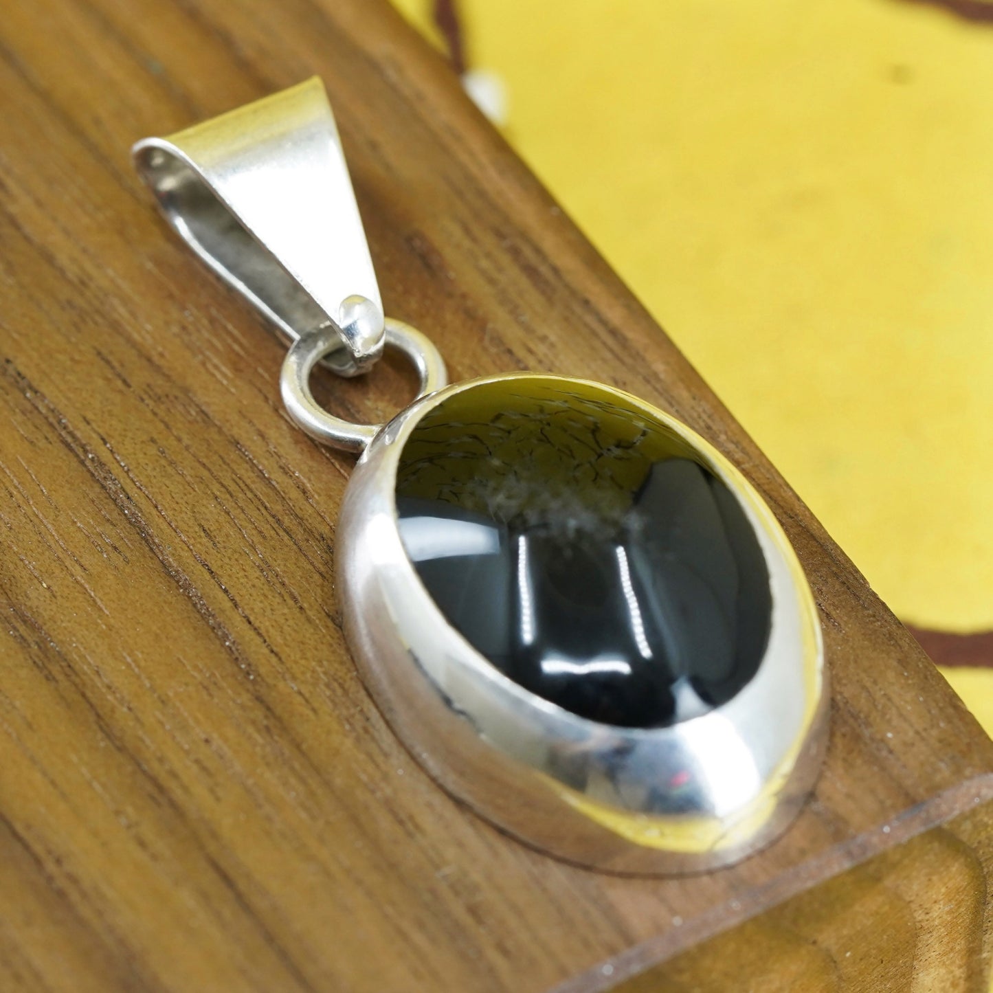 Vintage Sterling 925 silver handmade pendant with oval obsidian inlay