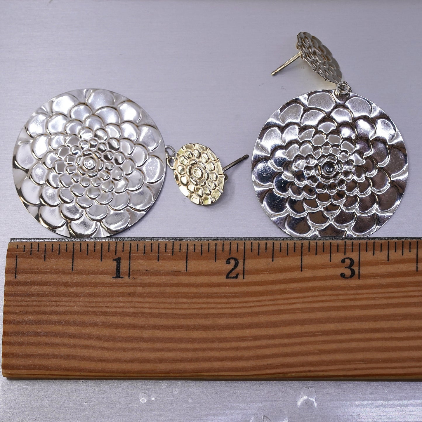 Vintage Italian Sterling 925 silver handmade disc earrings embossed flower