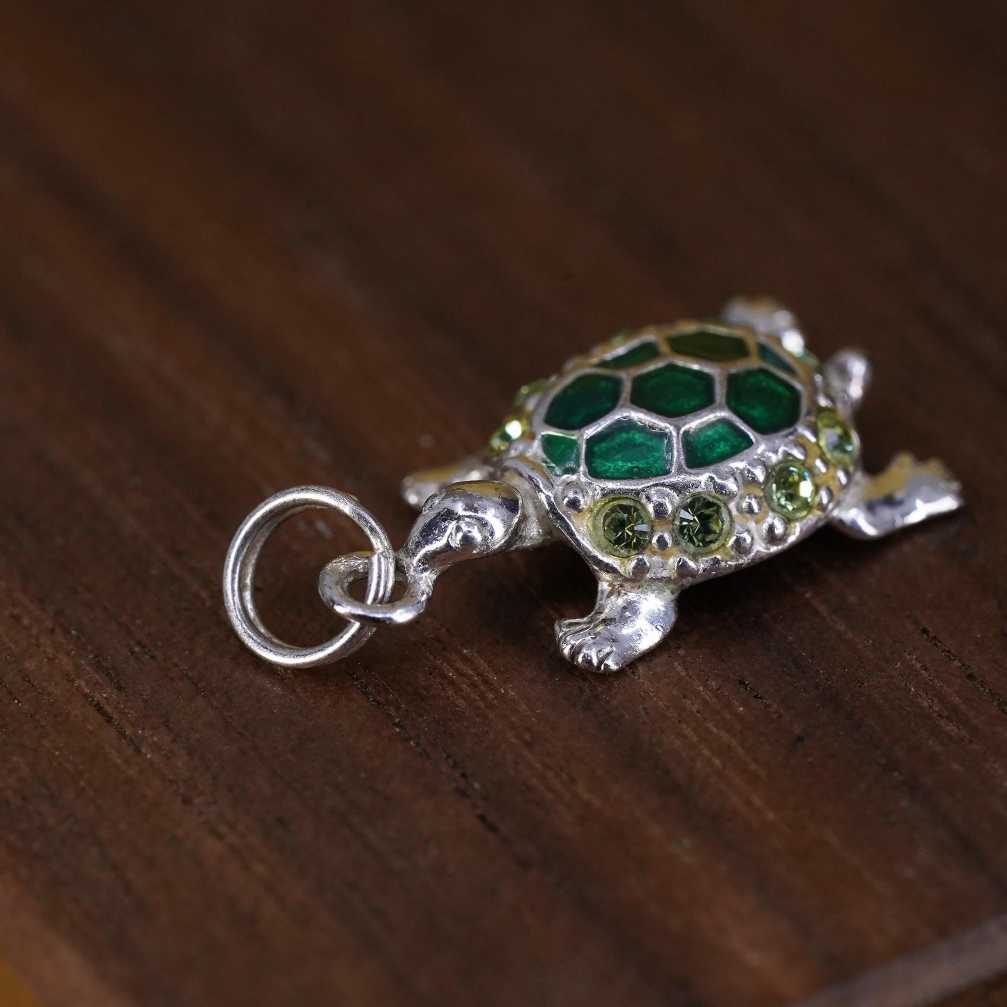 VTG Sterling silver handmade pendant, 925 green turtle with enamel wave crystal