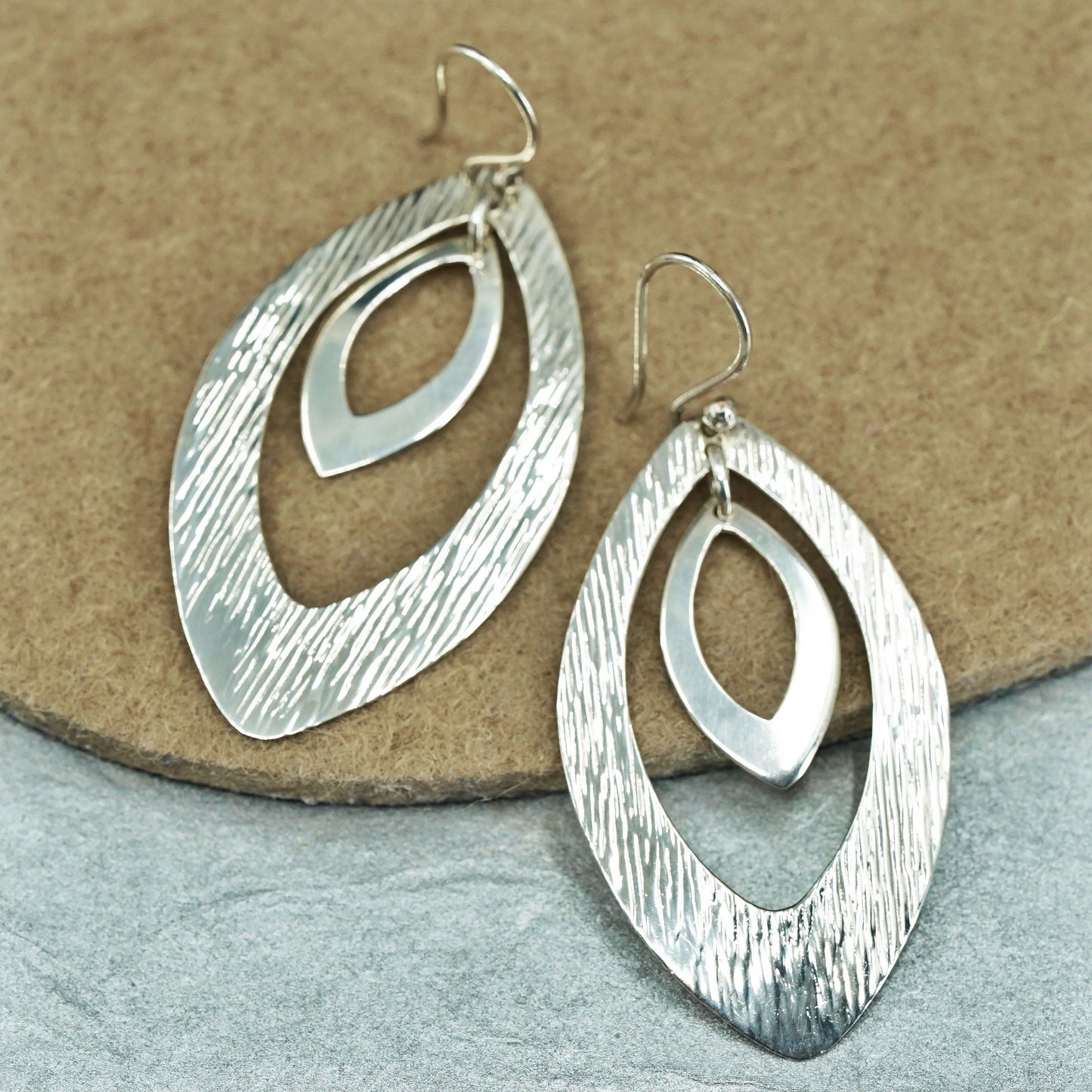 Vintage Sterling 925 silver handmade textured double leaves earrings