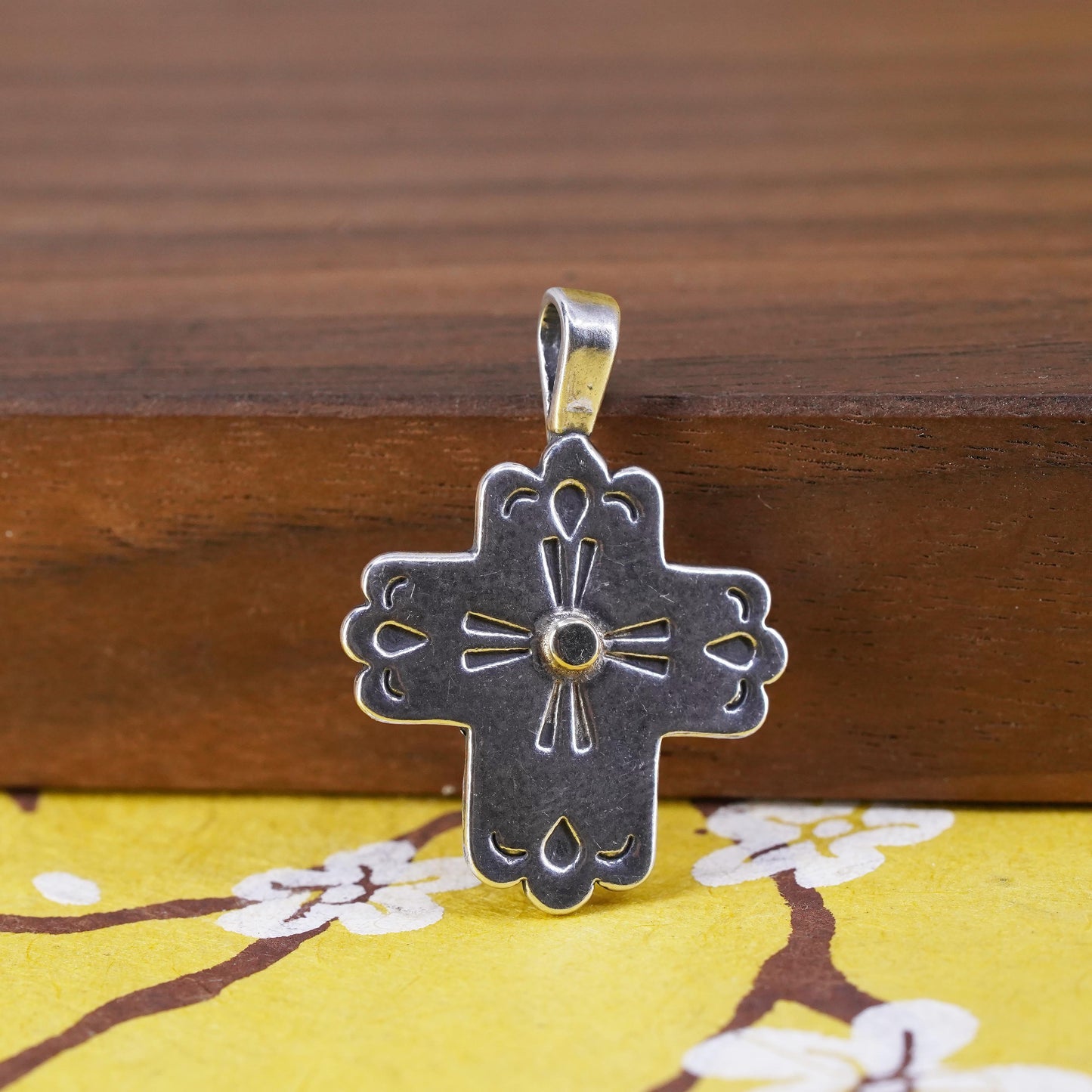 southwestern Sterling silver pendant, modern 925 cross 14K yellow gold dot