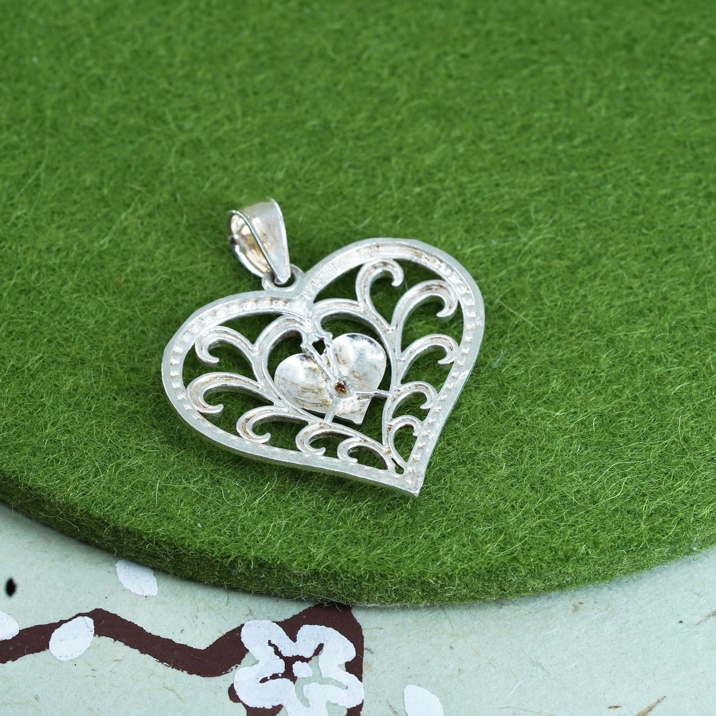 sterling silver handmade pendant, 10K yellow gold with 925 filigree heart charm