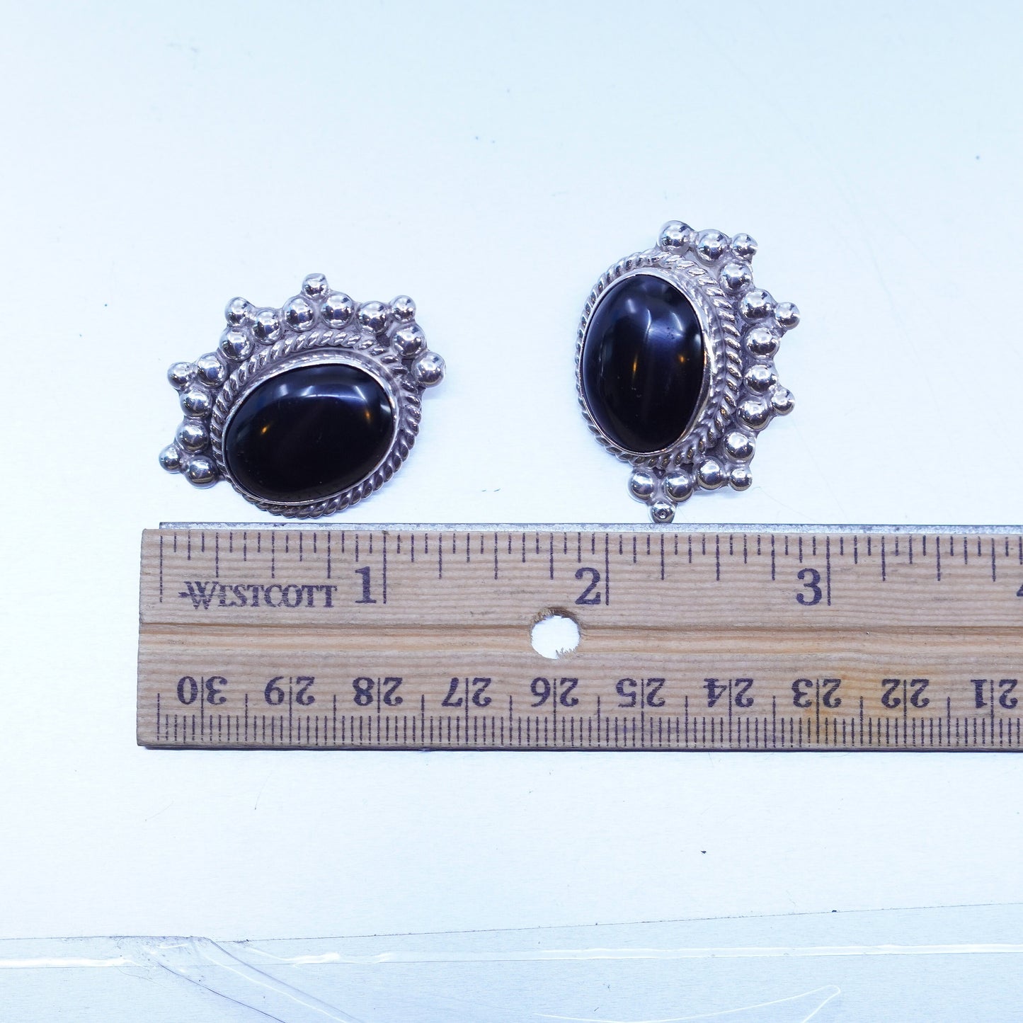 Vintage Sterling 925 silver handmade earrings, clip on with black onyx beads