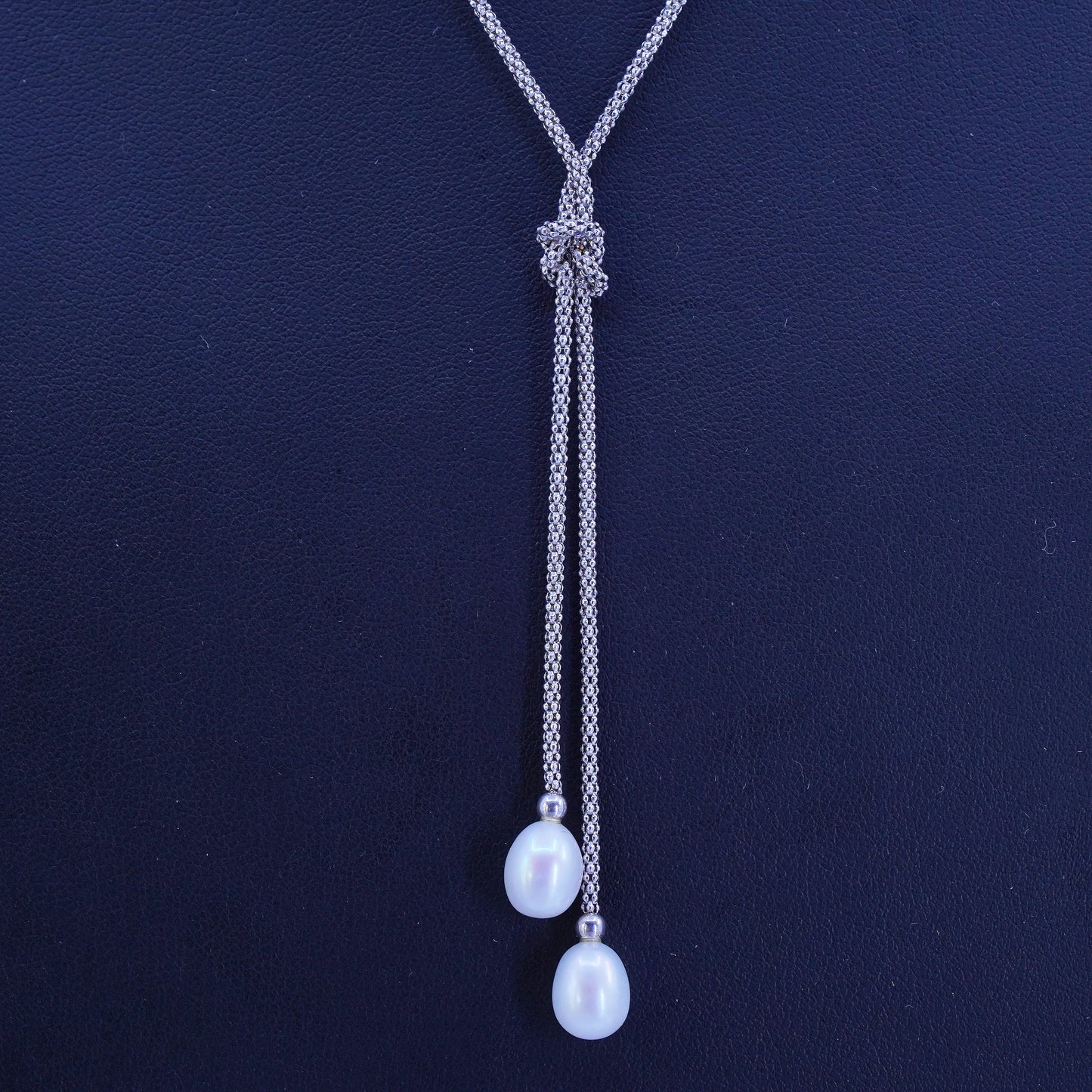 16”, VTG Sterling 925 silver popcorn chain necklace with double pearl pendant