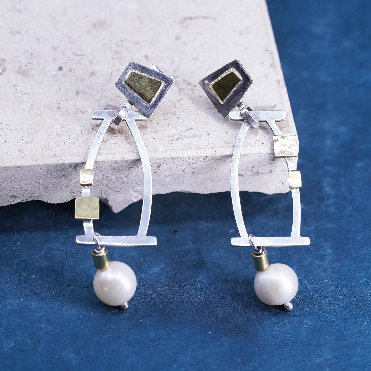 two tone sterling silver earrings, modern 925 silver with brass disc and pearl