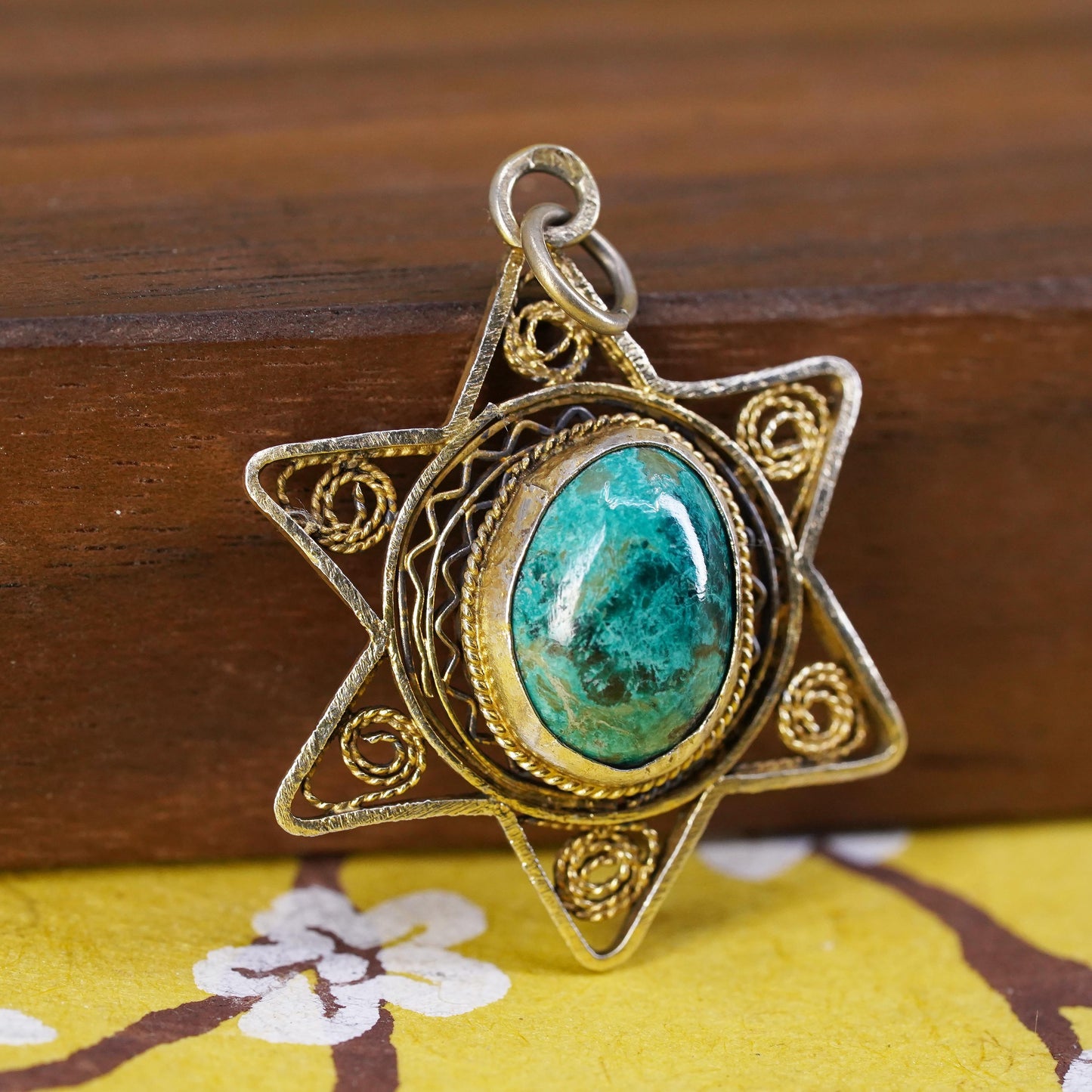 Vintage Sterling silver handmade pendant, 925 filigree hexagram oval turquoise