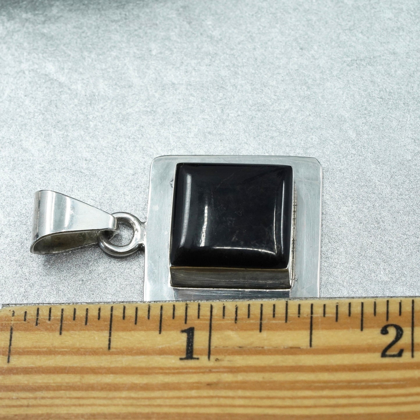 Vintage sterling 925 silver handmade square pendant with onyx inlay