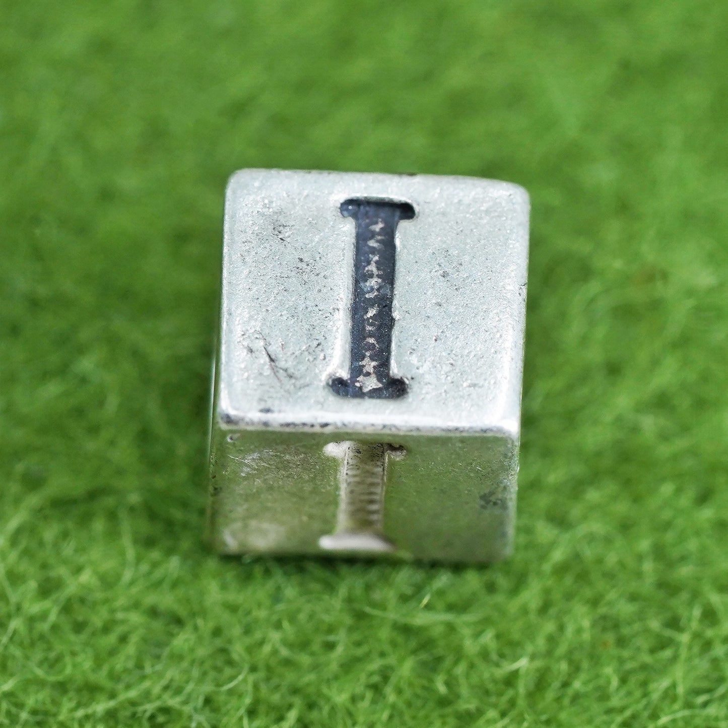 Vintage sterling silver handmade pendant, 925 cube charm engraved letter “I”