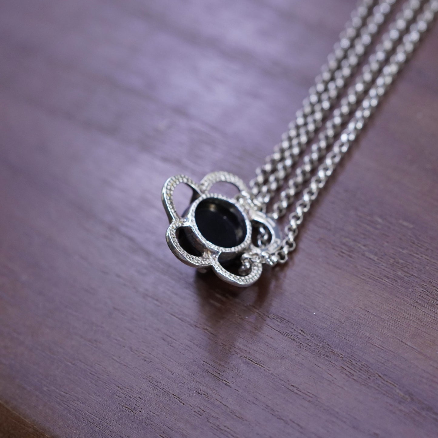 24”, sterling silver necklace, 925 double circle chain onyx flower pendant