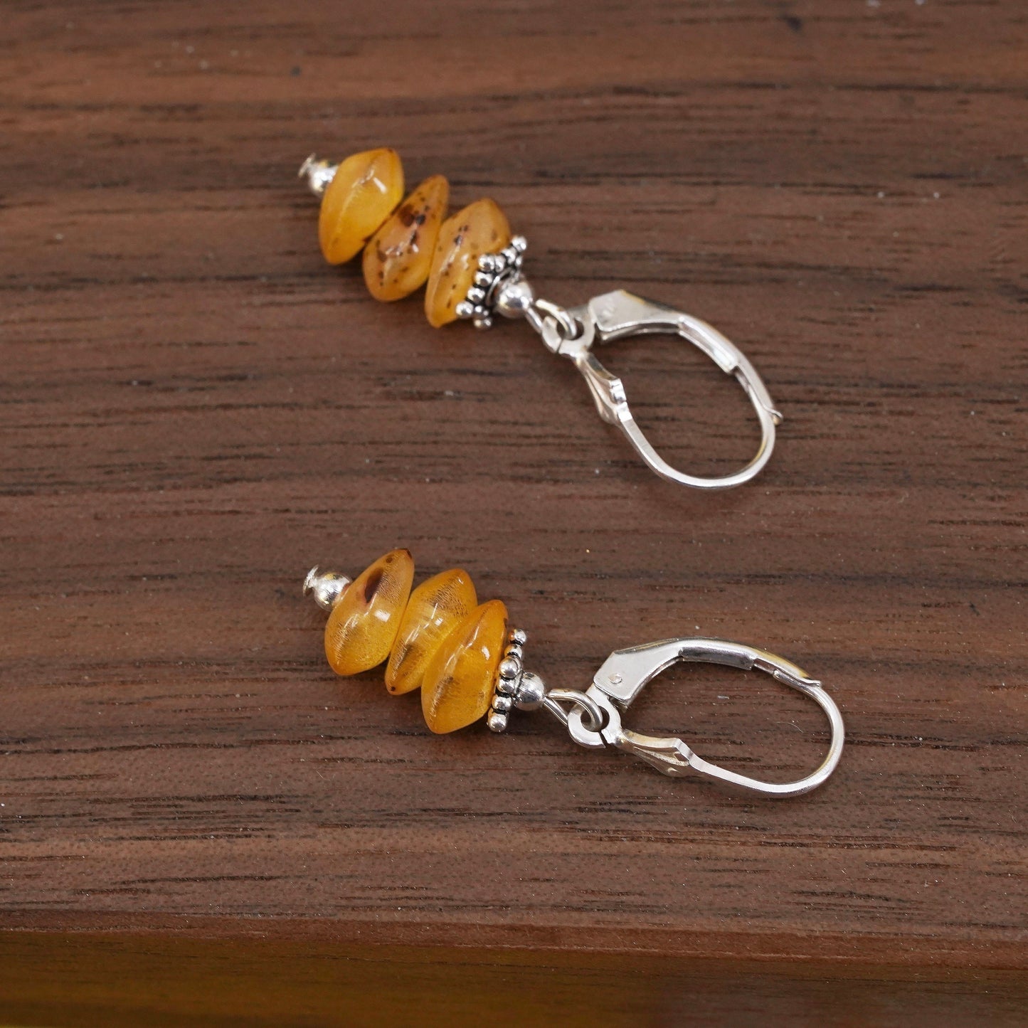 Vintage Sterling 925 silver handmade earrings with Amber nugget