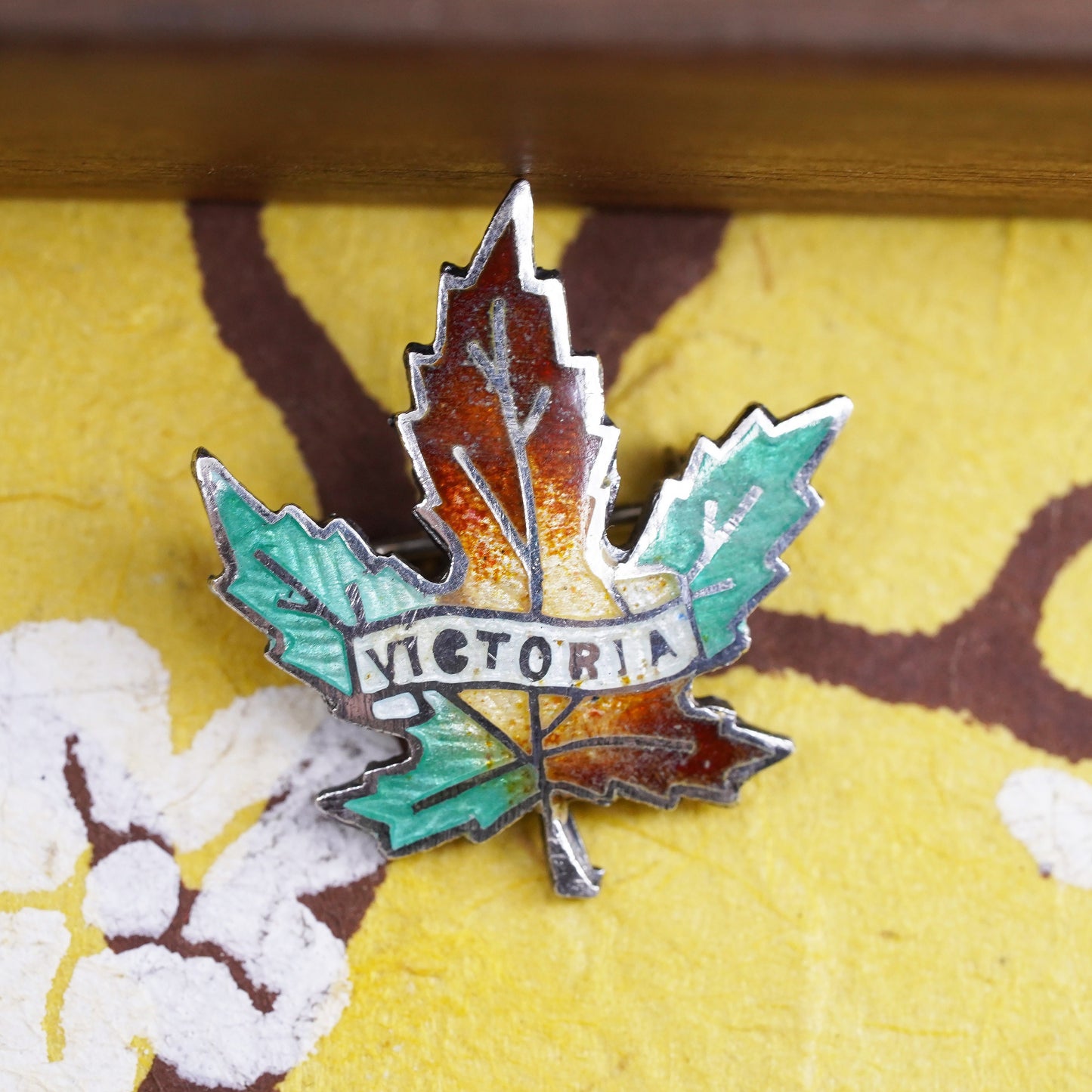 Vintage vermeil gold over sterling 925 silver enamel maple leaf brooch