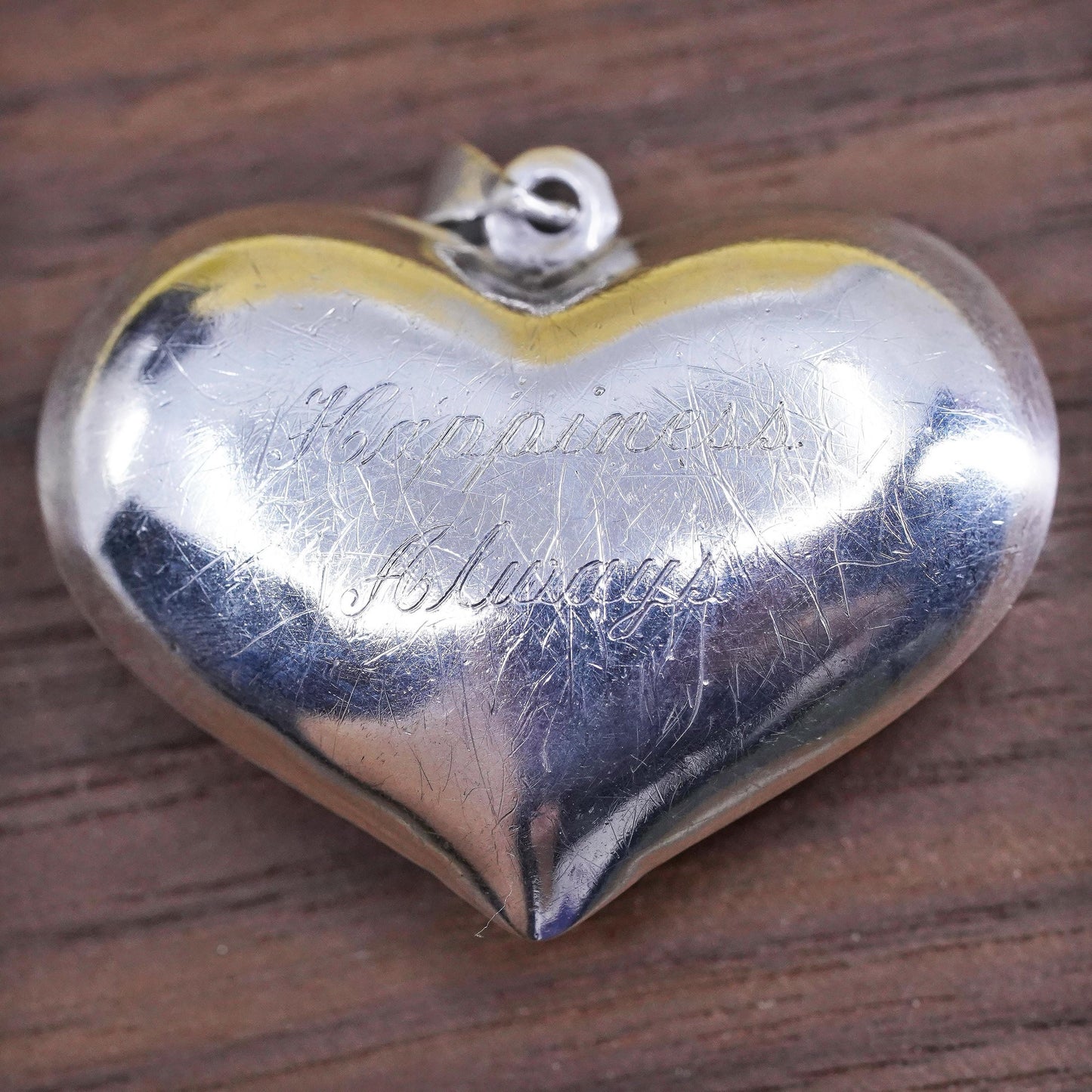 VTG Sterling silver heart pendant, puffy 925 heart engraved “happiness always”