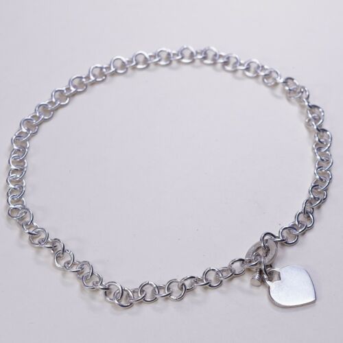 17” 9mm, Vtg 925 Sterling Silver Handmade Bold Circle chain Heart Charm necklace