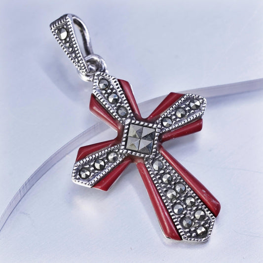 Vintage sterling 925 silver cross pendant with marcasite and coral