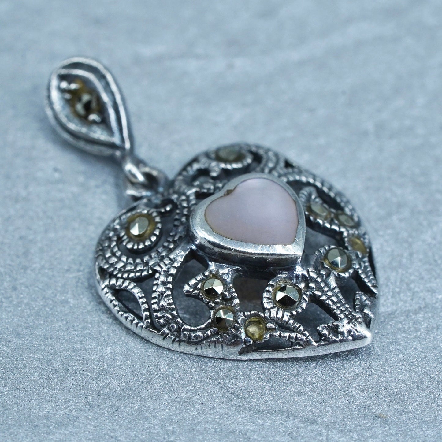 Sterling silver charm, 925 heart pendant with mother of pearl Marcasite