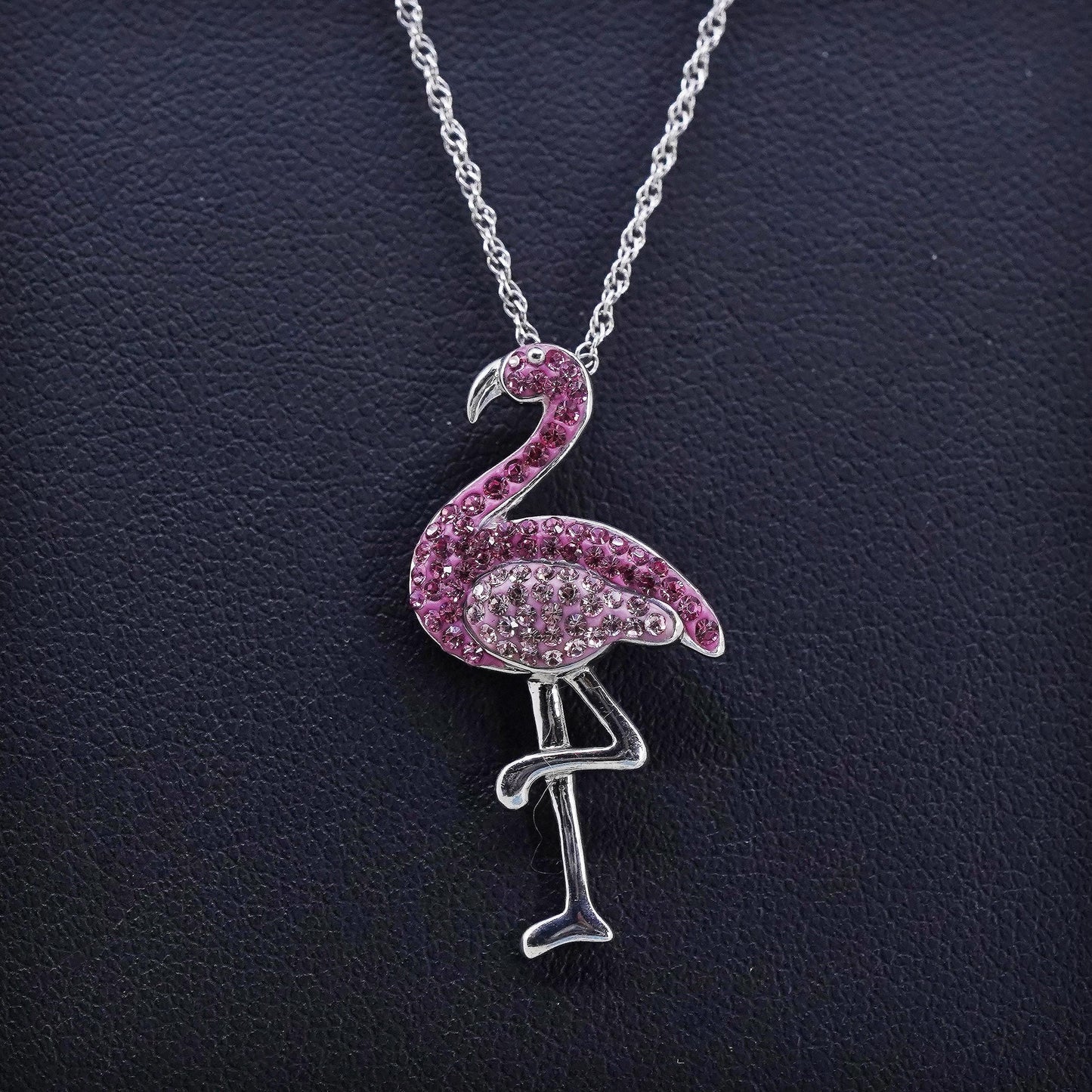 18", AU Sterling 925 silver circle necklace pink crystal flamingo bird pendant