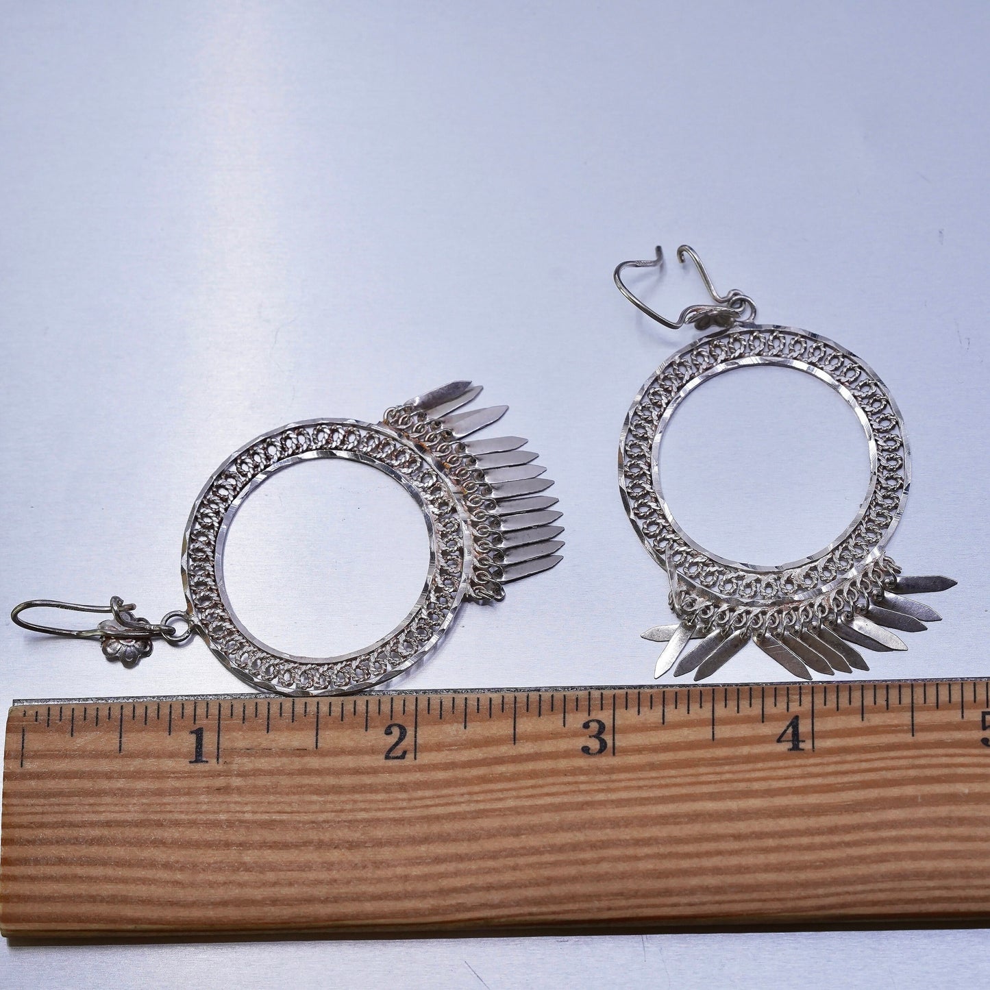 Vintage Sterling 925 silver filigree circle earrings with fringe dangles