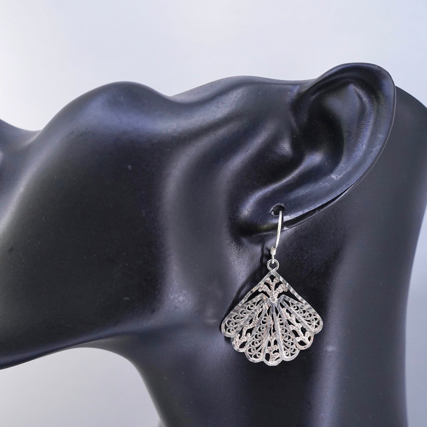 Vintage Sterling 925 silver handmade filigree fan earrings