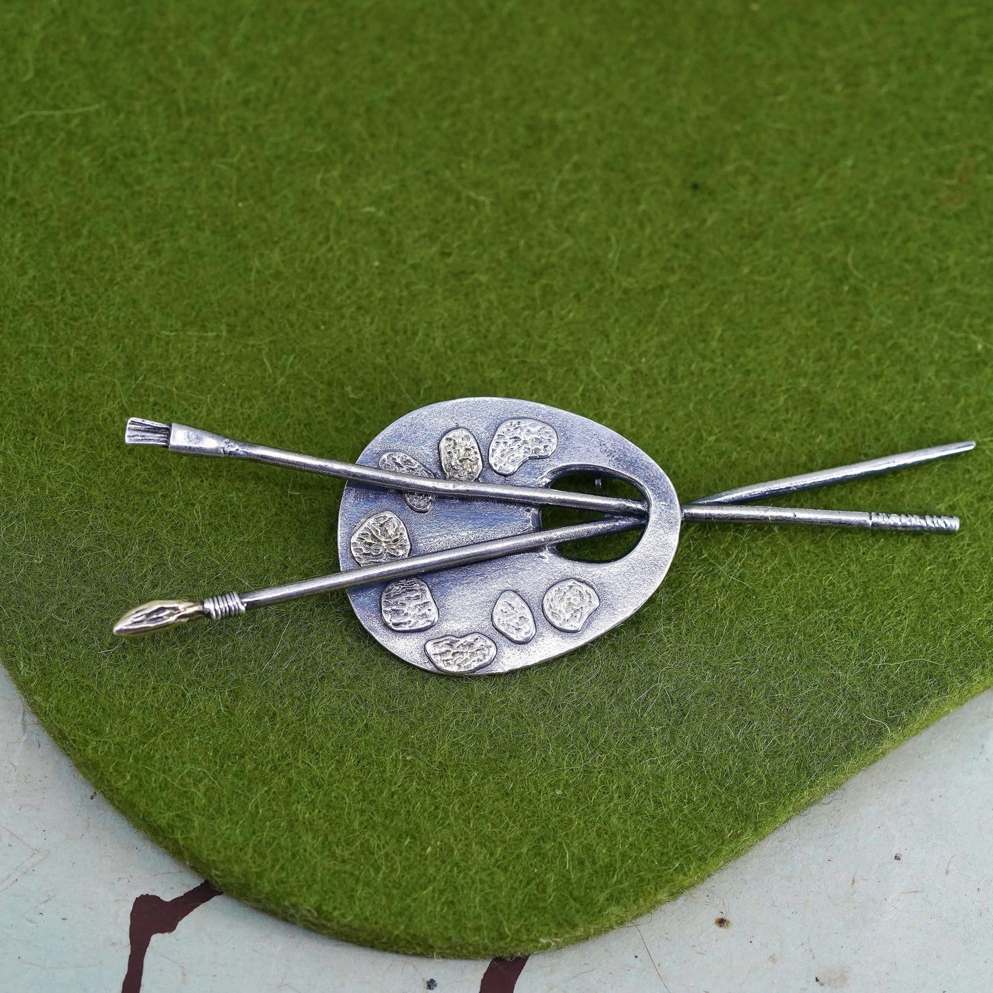 Vintage long sterling silver handmade brooch, 925 painting palette with brushes