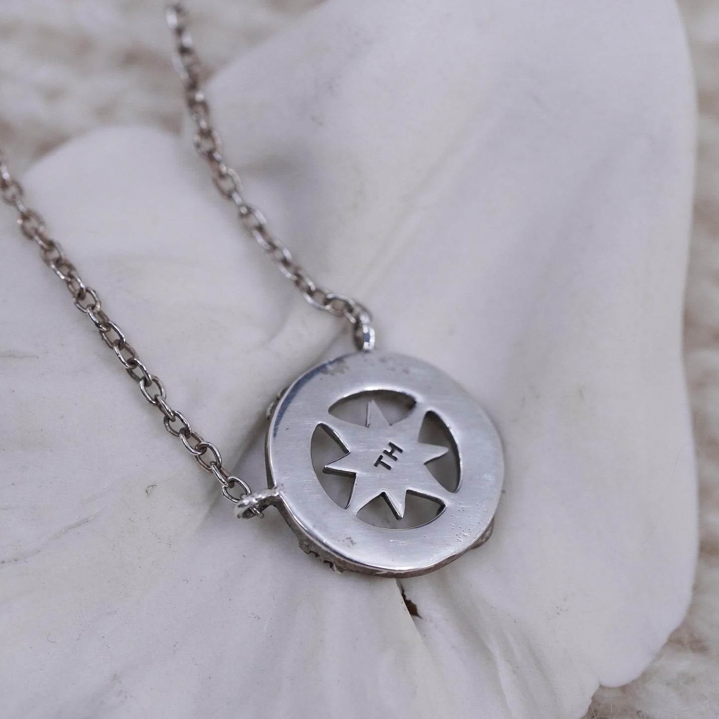 16+2”, Vintage sterling silver necklace, 925 circle chain with compass pendant