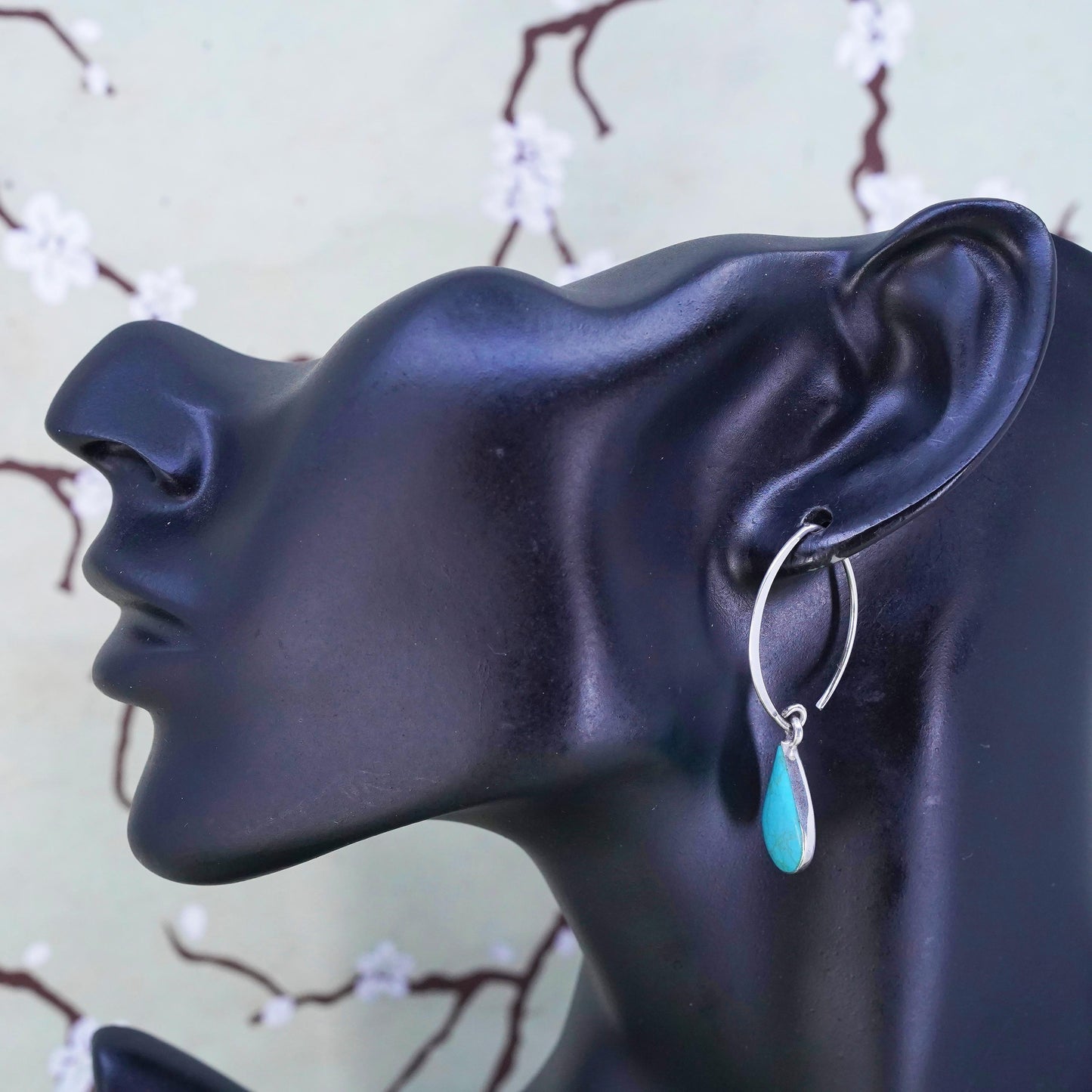 Vintage sterling 925 silver handmade teardrop earrings with turquoise