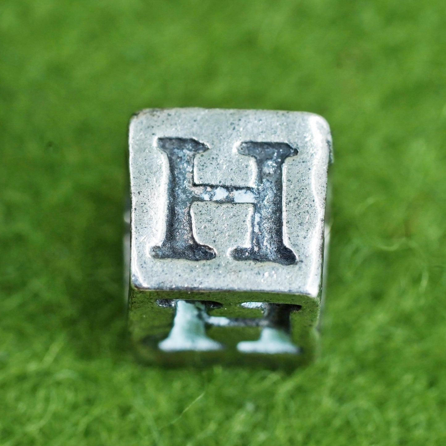 Vintage sterling silver handmade pendant, 925 cube charm engraved letter “H”