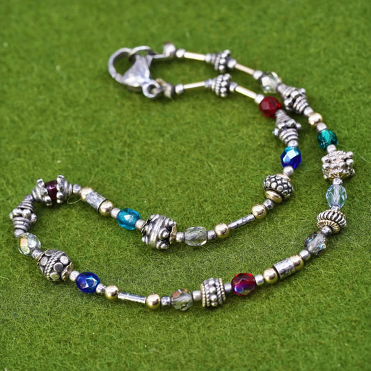 9.5", Italy Sterling 925 silver bracelet anklet with colorful crystal beads
