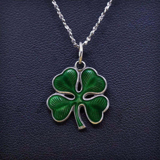 16”, Sterling silver necklace, 925 twisted s link chain enamel clover pendant