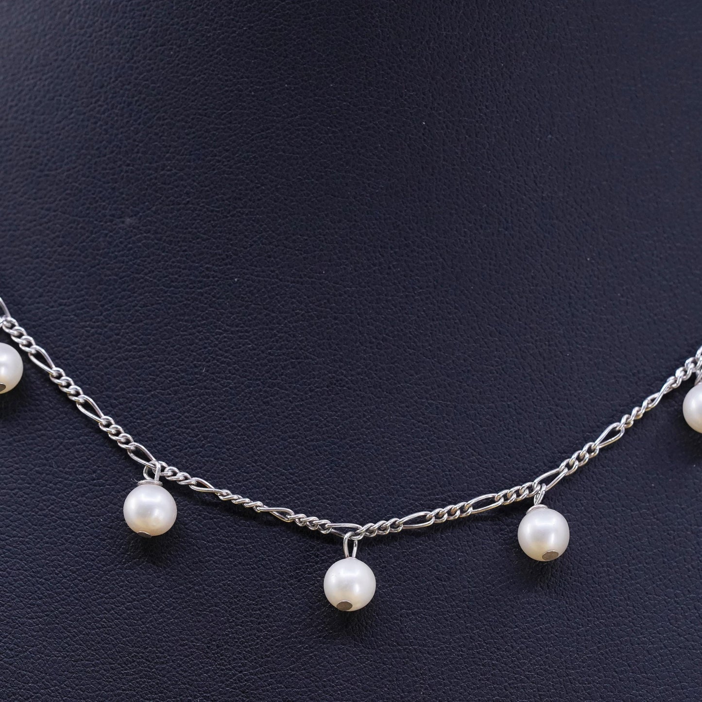 16", vintage Sterling 925 silver handmade figaro chain necklace 5mm pearl beads