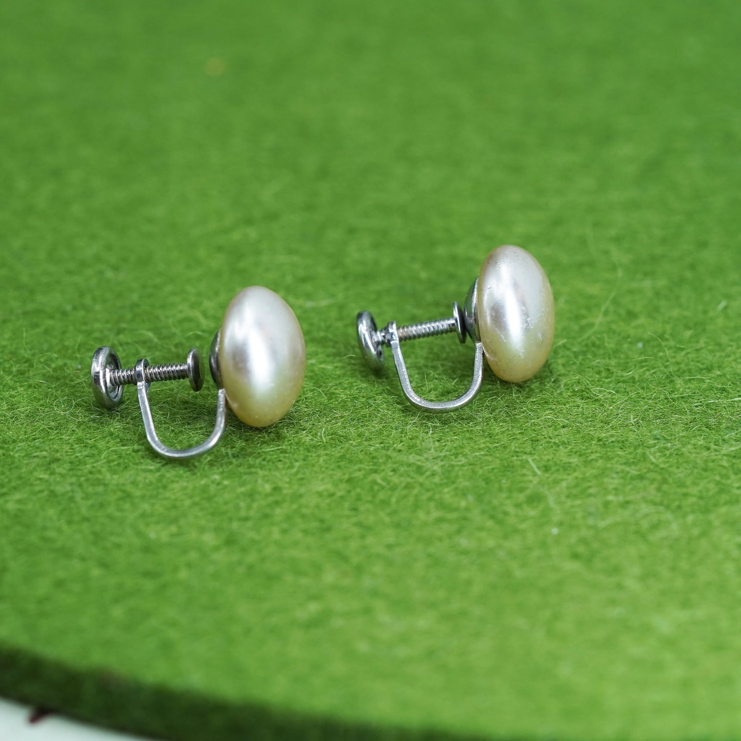 Vintage sterling 925 silver handmade earrings screw back with faux pearl