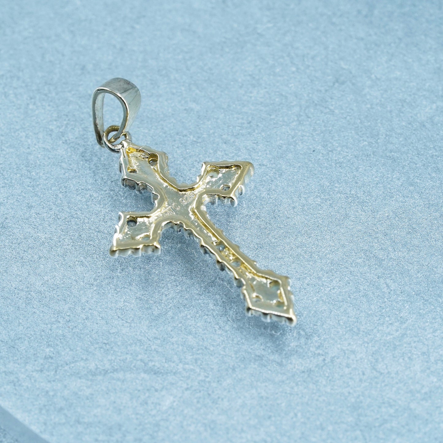 Vintage vermeil gold over sterling 925 silver pendant, cross with diamonds