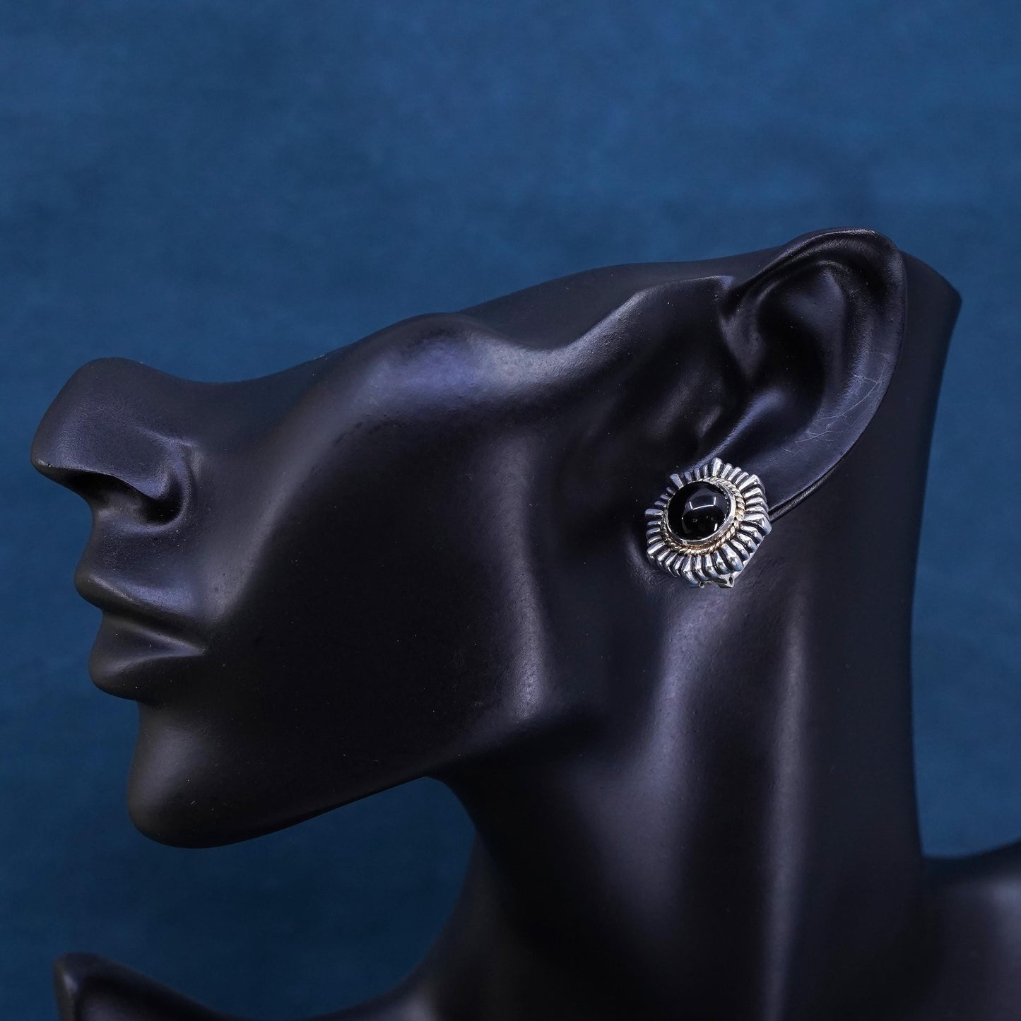 sterling silver earrings, 925 studs with onyx inlay and 14K yellow gold cable