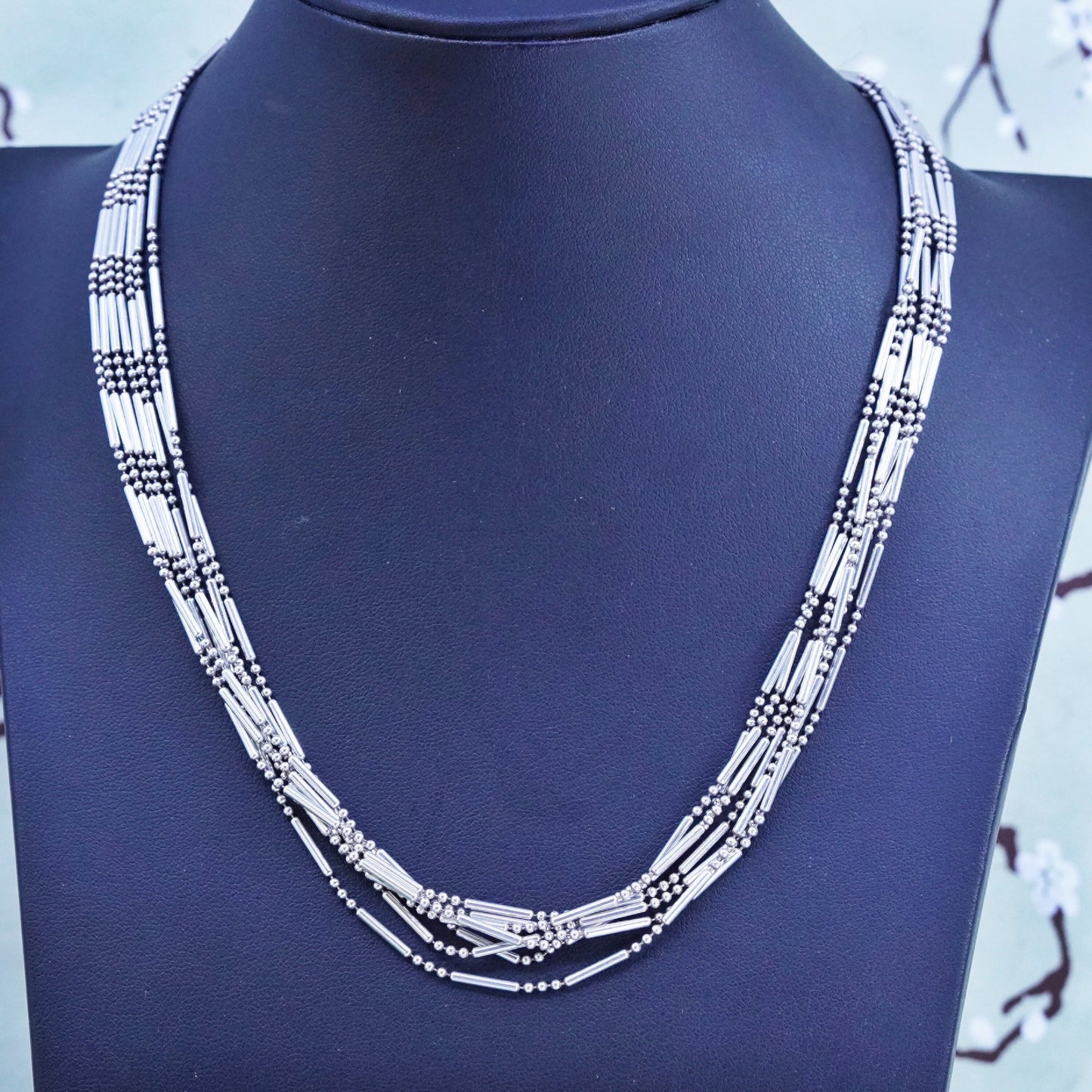 18”, Italian sterling silver beads and bars necklace, 925 multi strands chain
